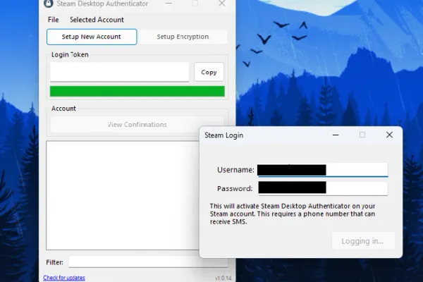 Steam Desktop Authenticator (SDA) for Windows - showing 2FA code generation and multiple account management interface