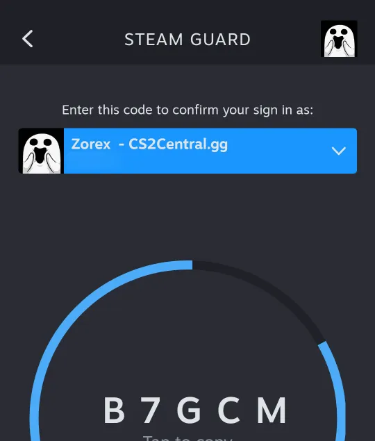 Steam Guard Mobile Authenticator screen showing a five-character confirmation code with account name and timer circle