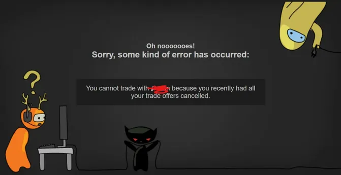 Steam error page showing you cannot trade because you recently had all your trade offers cancelled