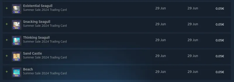 Steam trading cards from the Summer Sale 2024 selling for 5 cents each on the market
