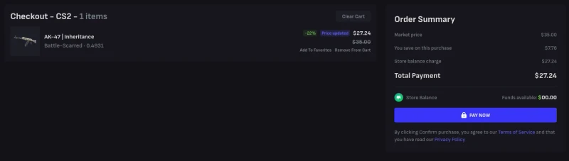 Tradeit checkout for an AK-47 Inheritance (Battle-Scarred) at 27.24 dollars, with a total payment of 27.24 dollars and no fee added