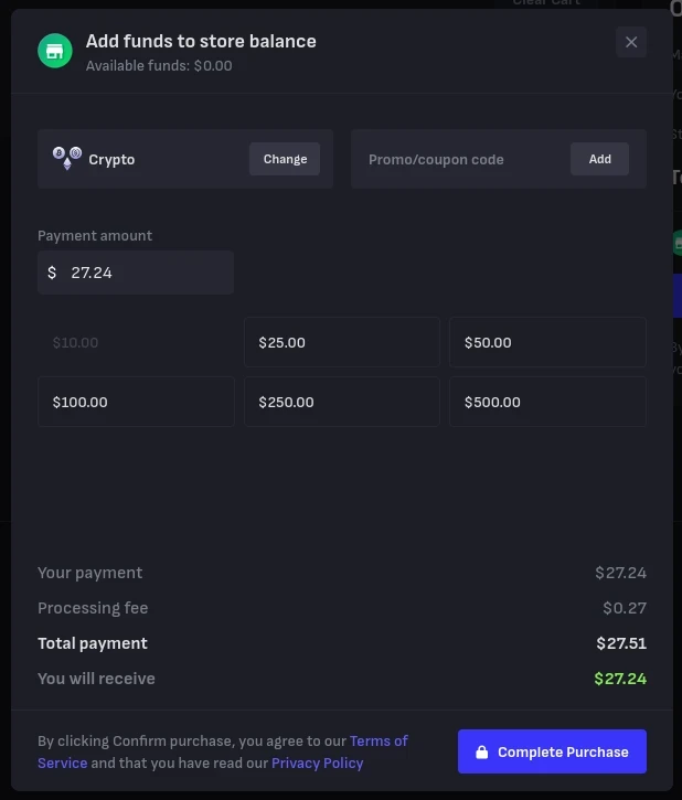 Tradeit add funds screen paying 27.24 dollars by crypto with a 27 cent processing fee for a 27.51 dollar total