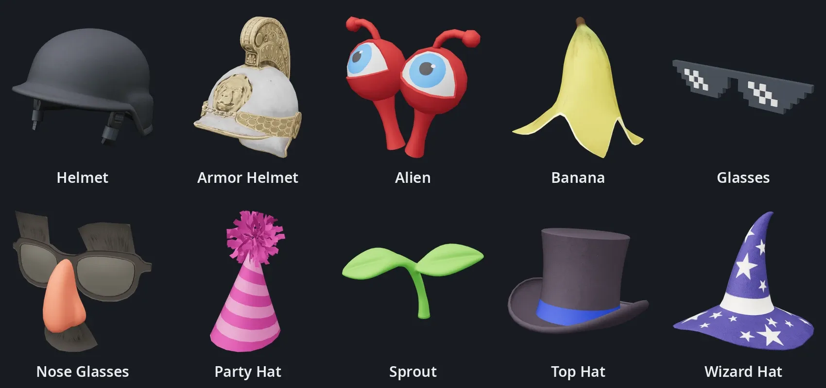 The ten CS2 pet photo booth hats: Helmet, Armor Helmet, Alien, Banana, Glasses, Nose Glasses, Party Hat, Sprout, Top Hat and Wizard Hat