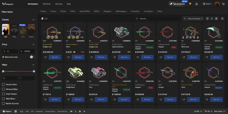 Waxpeer marketplace grid showing CS2 skins like Dragon Lore and Doppler knives with prices and wear values
