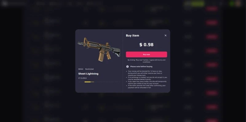 White.Market buy item modal for an M4A4 Sheet Lightning showing the 12 hour money-block rule