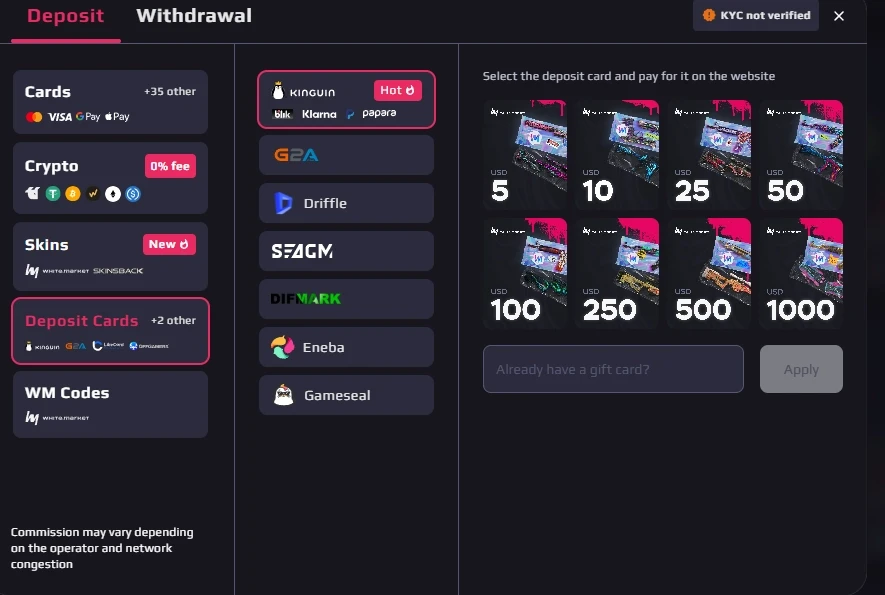 White.Market deposit screen showing gift card options from Kinguin, G2A and Eneba
