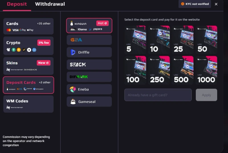 White.Market deposit screen showing gift card options from Kinguin, G2A and Eneba