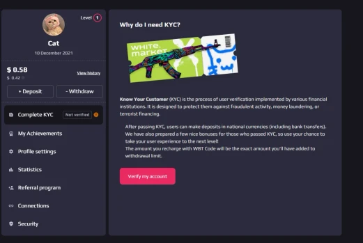 White.Market account page showing KYC not verified status blocking withdrawal