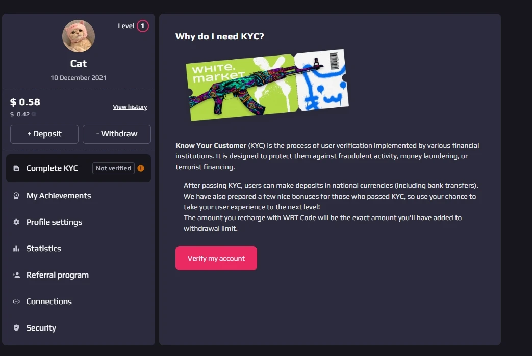 White.Market account page showing KYC not verified status blocking withdrawal