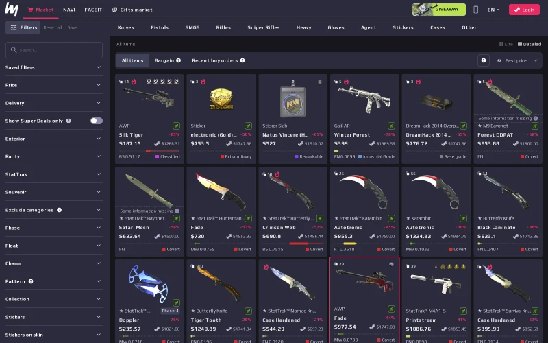 White.Market marketplace catalog showing CS2 skin listings with prices, discounts versus Steam, float bars, and category filters