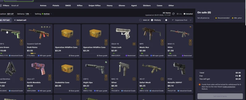 White.Market P2P sell page showing a 5 percent fee and funds locked for 8 days