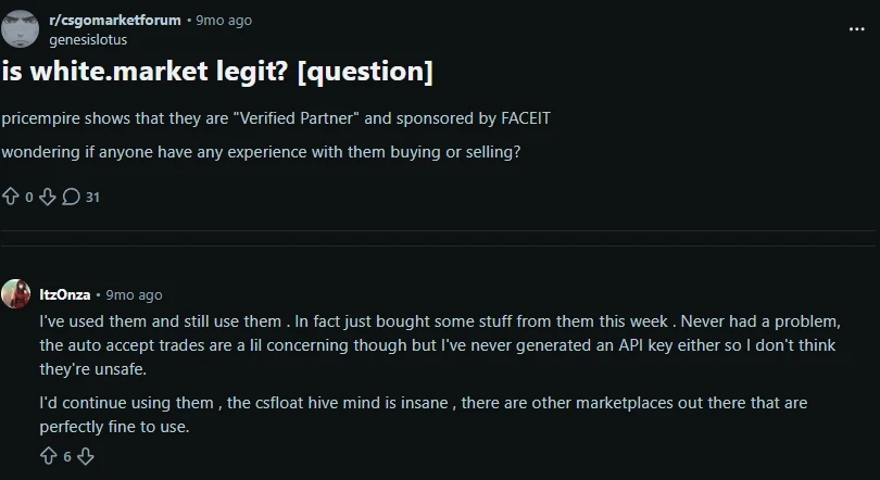 Reddit thread on r/csgomarketforum asking if White.Market is legit, with a positive top comment