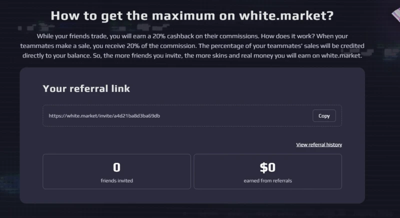 White.Market referral page showing 20 percent cashback and a personal invite link