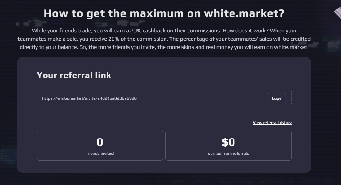 White.Market referral page showing 20 percent cashback and a personal invite link