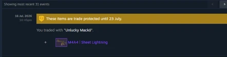 Steam trade history showing an M4A4 Sheet Lightning received from White.Market, trade protected until 23 July