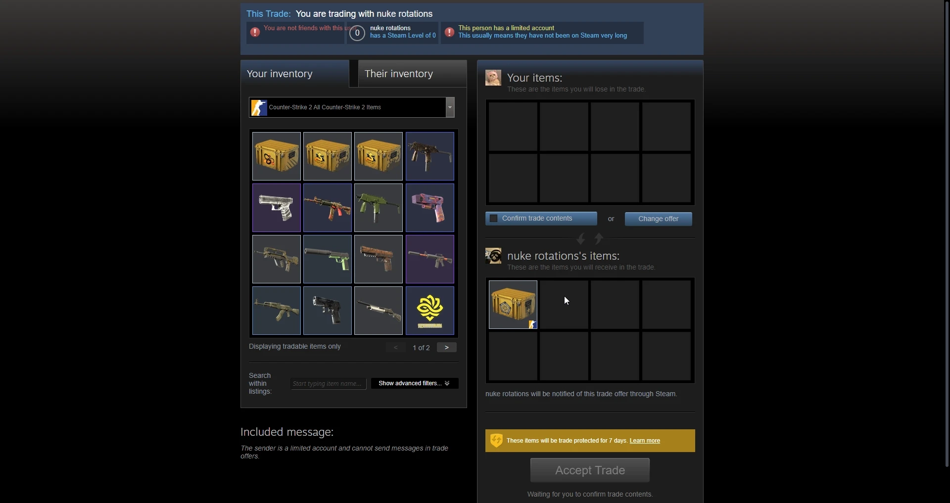 Steam trade offer from a White.Market seller flagged as a limited Level 0 account, trade protected