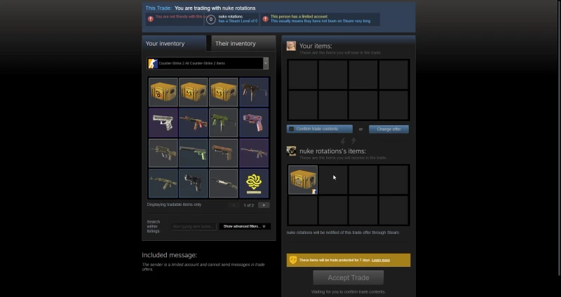 Steam trade offer from a White.Market seller flagged as a limited Level 0 account, trade protected