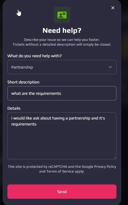 White.Market support ticket form for contacting the team