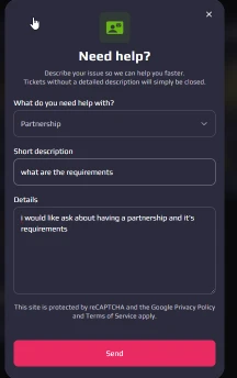 White.Market support ticket form for contacting the team