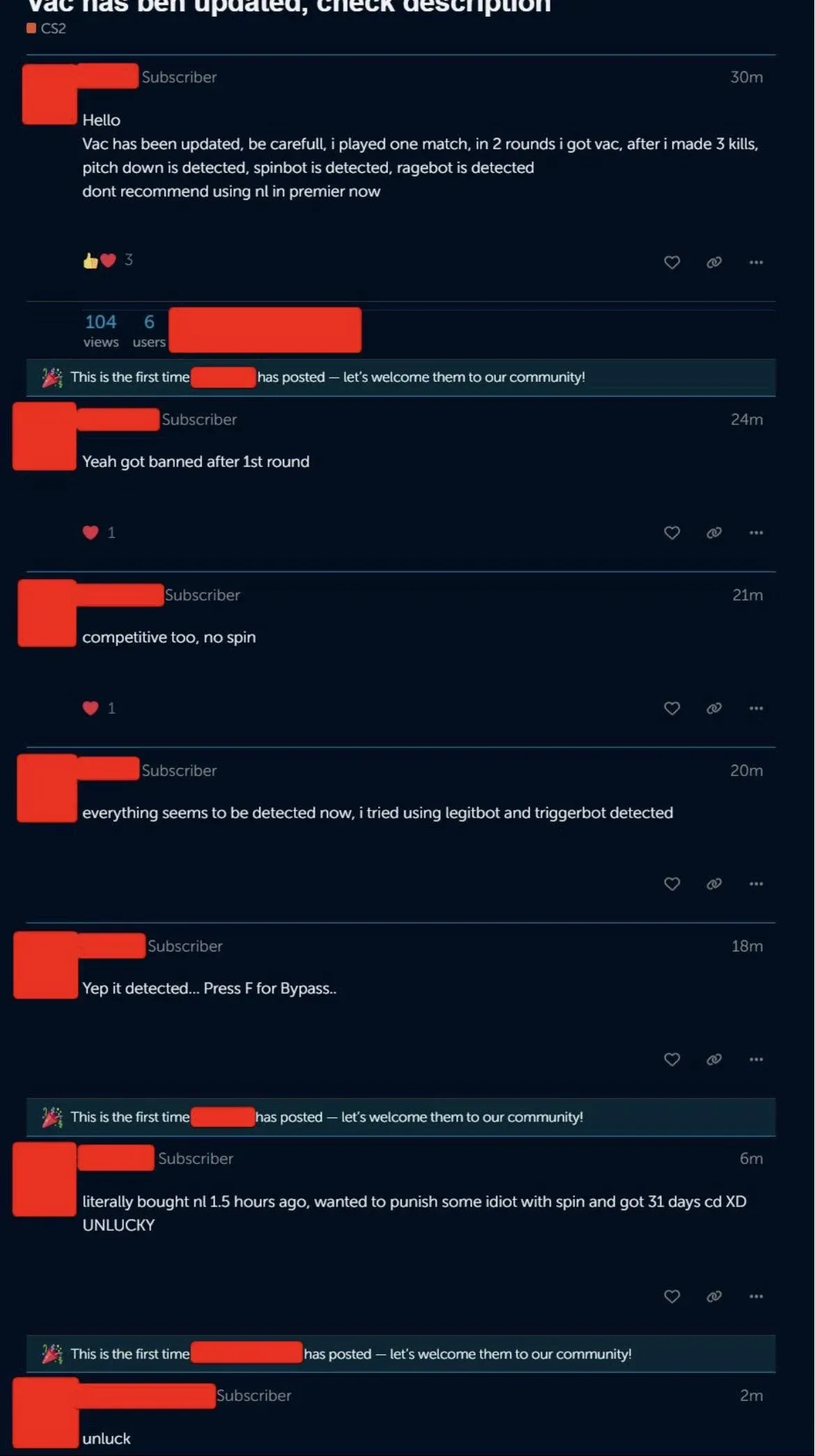 Neverlose cheat forum thread discussing VAC being updated, with users reporting spinbot, ragebot and triggerbot detections mid-match