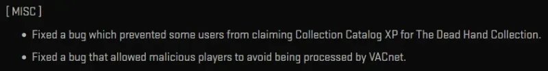 CS2 patch notes Misc section showing the VACnet bug fix line
