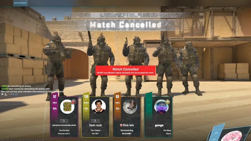 CS2 match result screen showing Match Cancelled after VACNET detected irregular gameplay on a four-stack